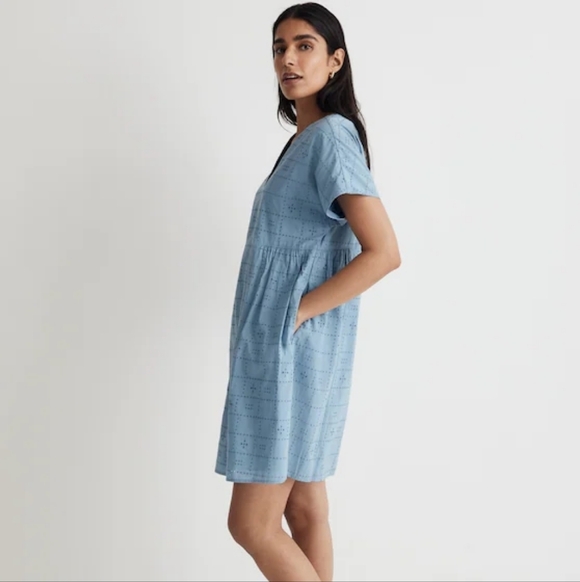 Madewell Button-Front V-Neck Mini Dress, Color Tranquil Lake Size M - Picture 3 of 16